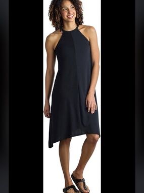EXOFFICIO Women's Black Stretch Halter Swing Dress zip pocket, rayon 4/6